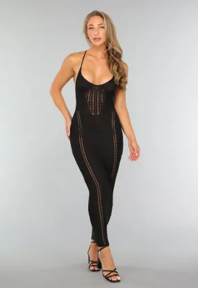 Schwarzes Häkeldeckchen Maxikleid